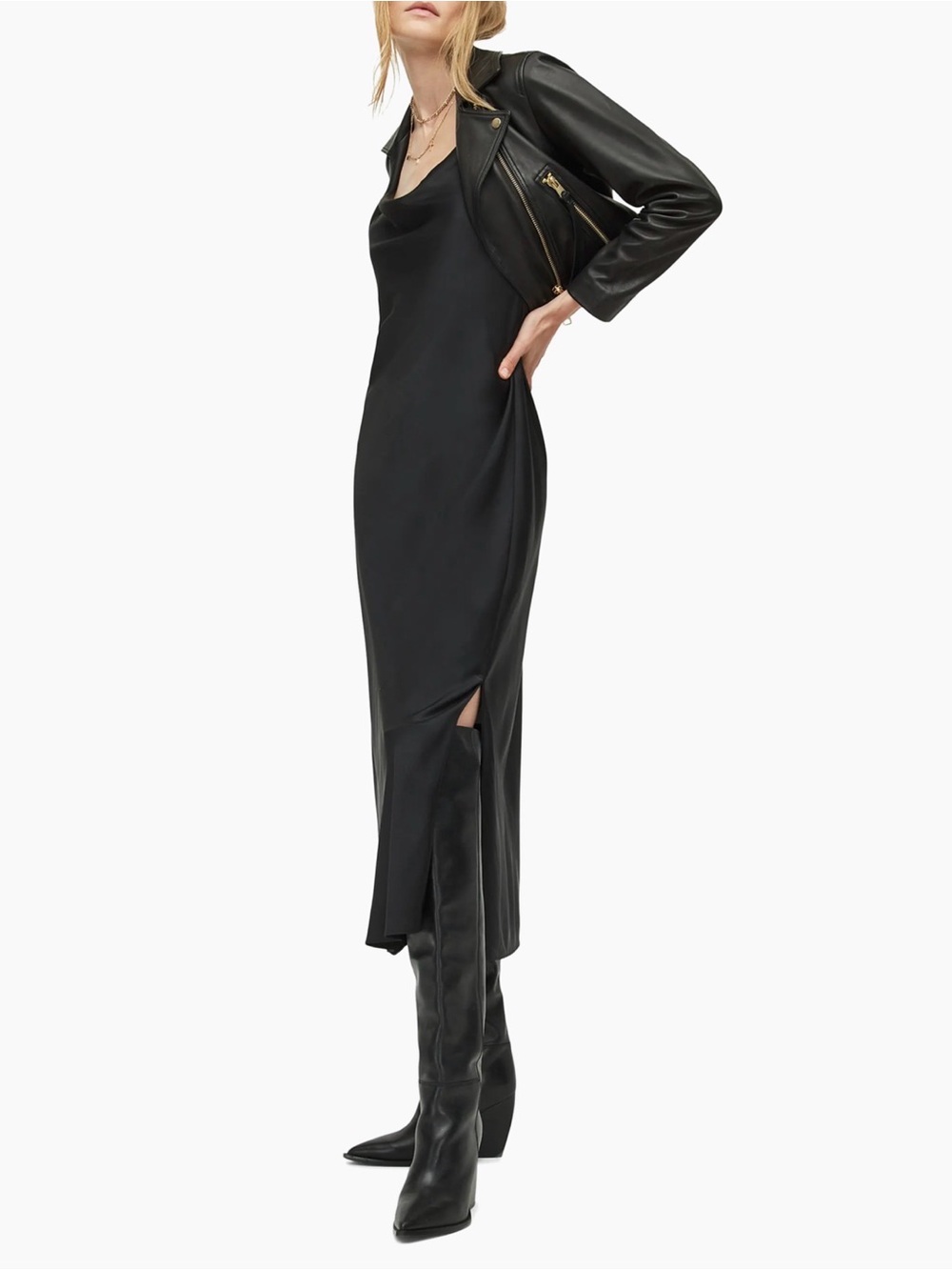 AllSaints deep blue satin Sleek Slip Midi Dress